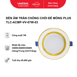 Đèn âm trần chống chói mỏng Plus 7W  viền vàng - 3 màu