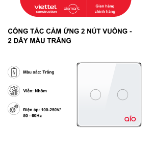 Công tắc cảm ứng 2 nút vuông - 2 dây (chuẩn EU). Màu trắng