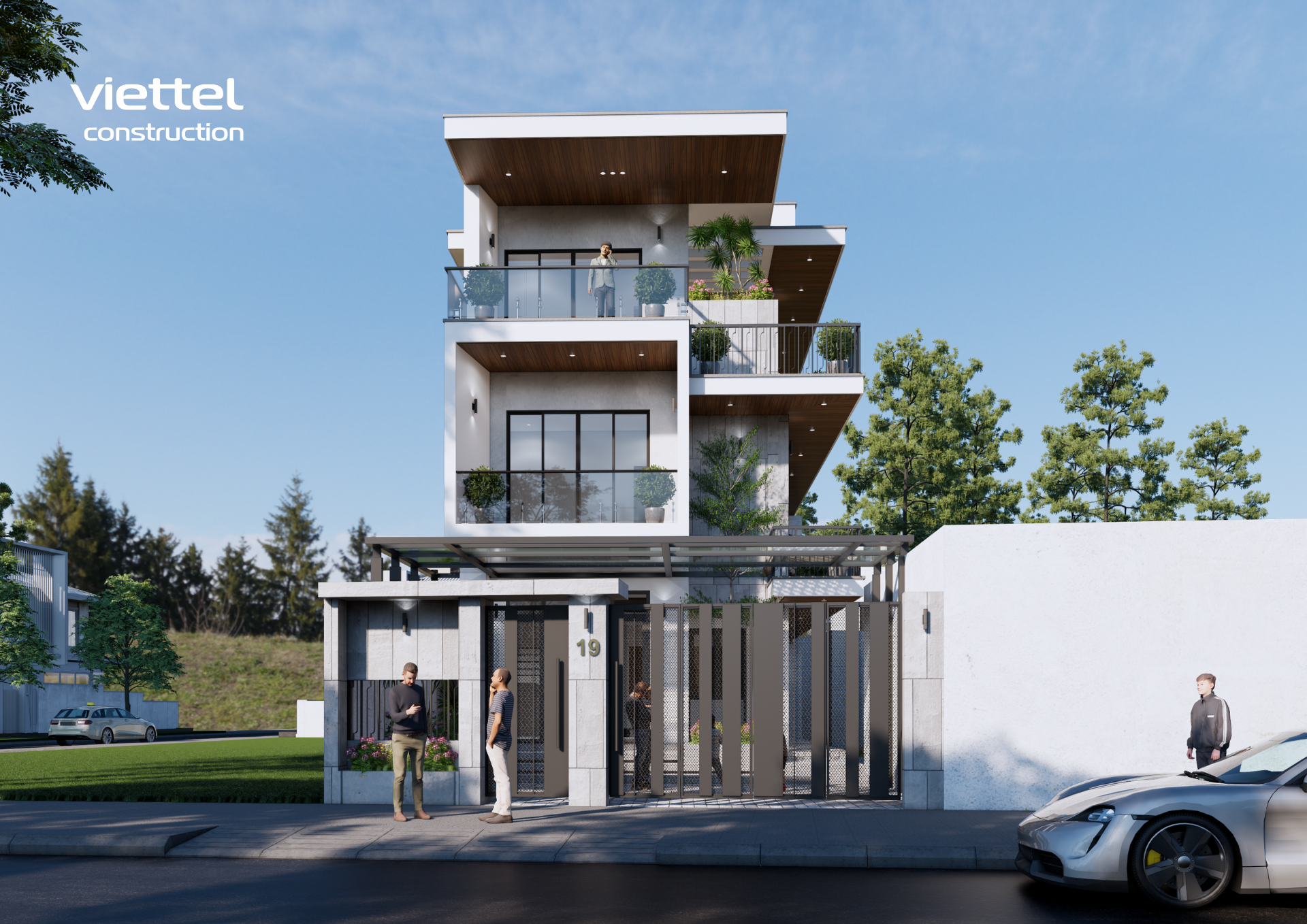 Mặt tiền nhà 3 tầng với ban công kính, thiết kế mở 