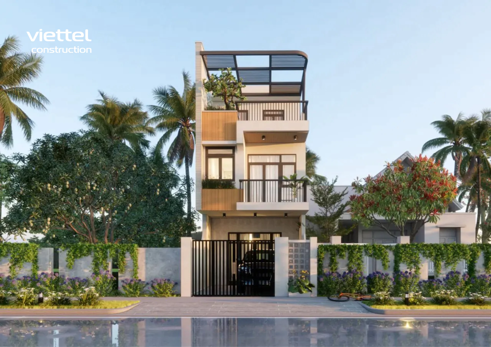 Mẫu nhà phố 3 tầng hiện đại sử dụng lam gỗ và sắt nghệ thuật tạo điểm nhấn