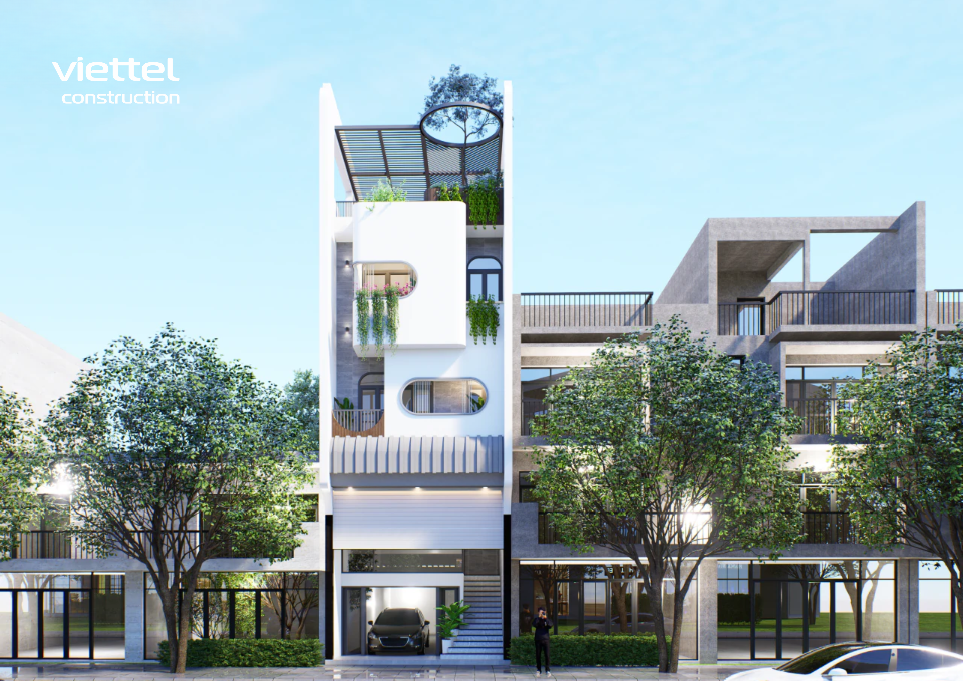 Mẫu nhà phố 3 tầng hiện đại với thiết kế giếng trời thông thoáng, gara ô tô tối ưu diện tích