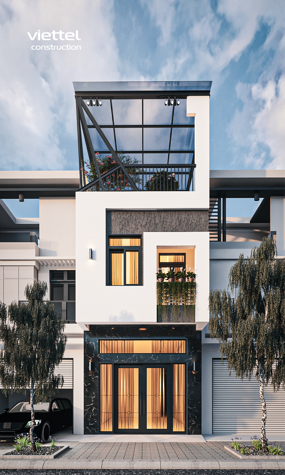 Nhà phố 3 tầng kết hợp không gian xanh ở tầng thượng, lý tưởng cho những bữa tiệc ngoài trời.