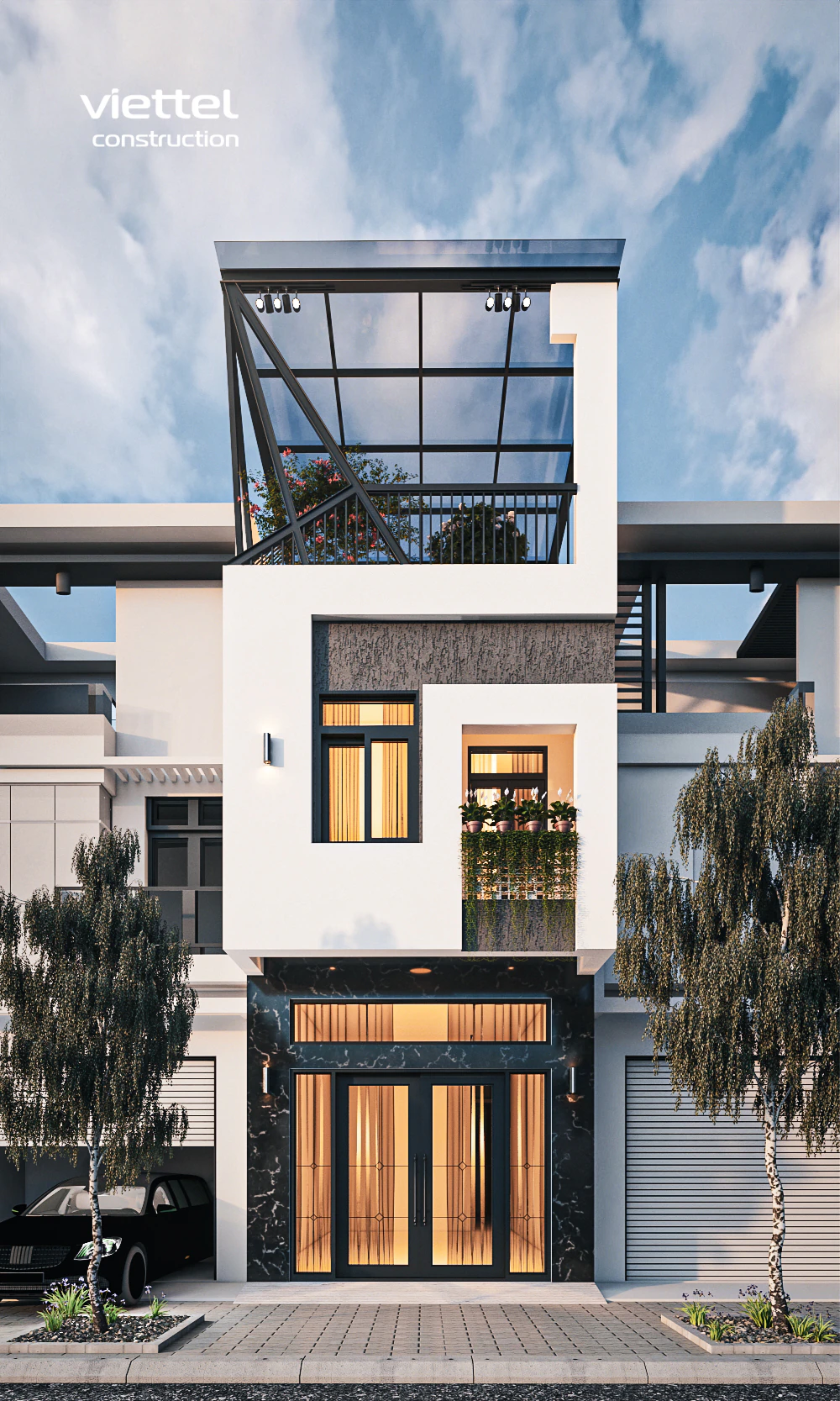 Nhà phố 3 tầng kết hợp không gian xanh ở tầng thượng, lý tưởng cho những bữa tiệc ngoài trời.