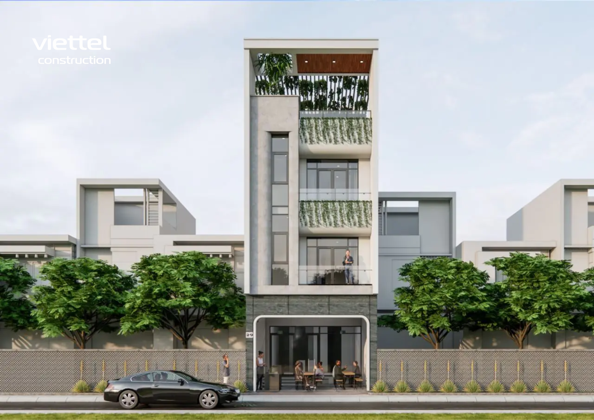 Thiết kế nhà phố đẹp với tông màu xám trắng, kiến trúc khối hộp tối giản